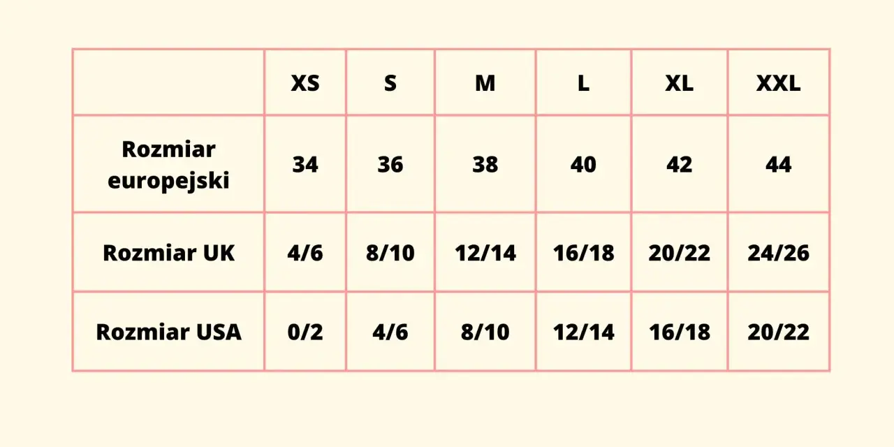 Tabela rozmiarów: europejski 38 to S, UK 8/10, USA 8/10. Jaki to rozmiar 8?