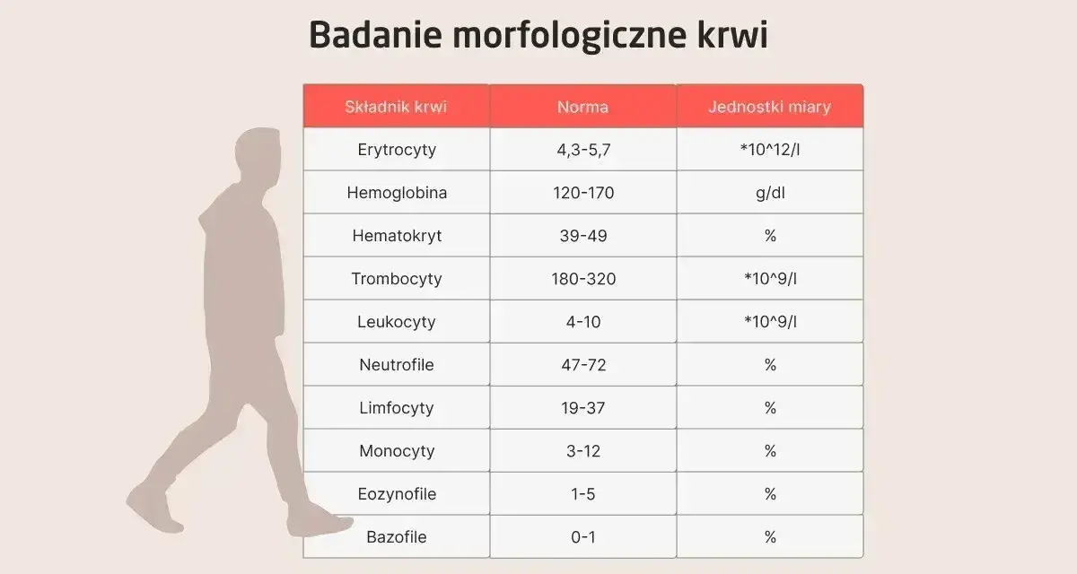 Tabela z badaniem morfologicznym krwi. Wskazuje normy dla różnych składników, w tym leukocytów. Niskie leukocyty mogą być powodem do niepokoju.