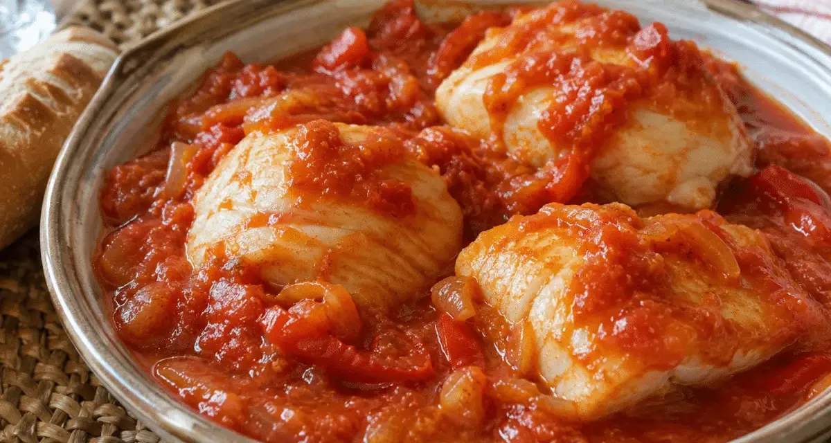 Bacalao con tomate, un plato casero con trozos de pescado blanco en una salsa roja de tomate y cebolla.