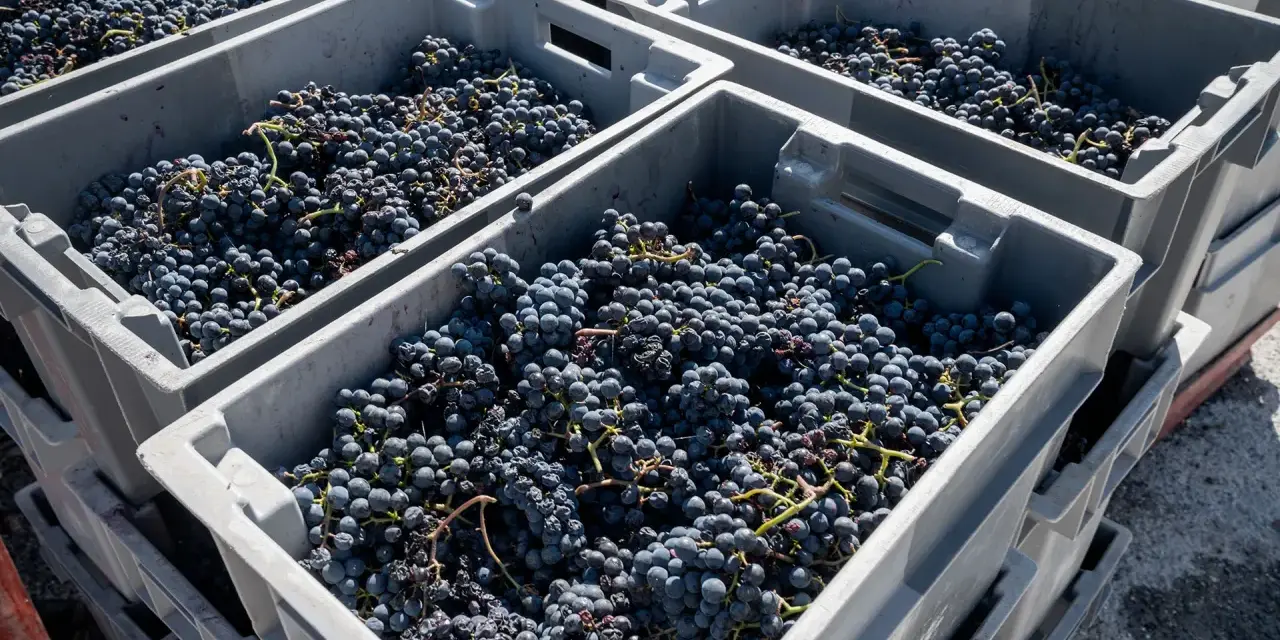 Casse piene di uva nera, pronte per la vinificazione. Il chianti uvaggio promette un ottimo raccolto.