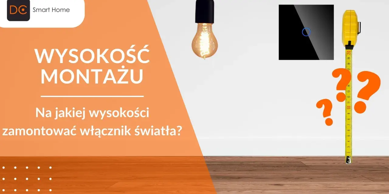 Pytanie: na jakiej wysokości włącznik światła zamontować? Miarka i znaki zapytania sugerują wątpliwości co do idealnej wysokości.
