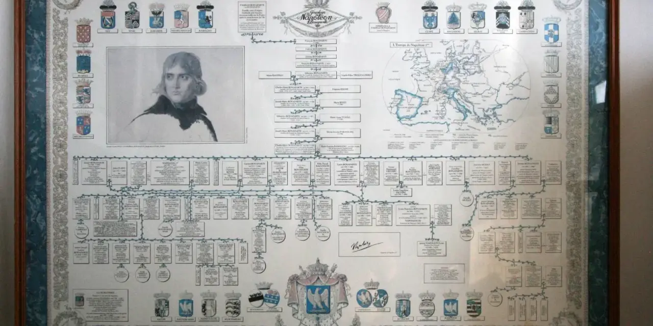 Arbre généalogique détaillé de la famille Bonaparte, incluant un portrait de Napoléon et une carte de l'Europe. Ces archives napoléoniennes numérisées offrent un aperçu fascinant de l'histoire familiale.