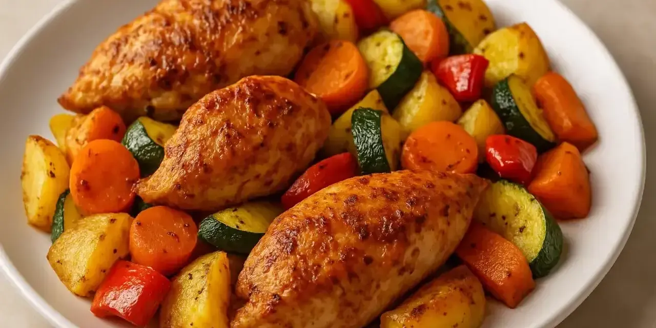 Soczyste kawałki indyka z airfryer, podane z pieczonymi ziemniakami, marchewką, cukinią i papryką.