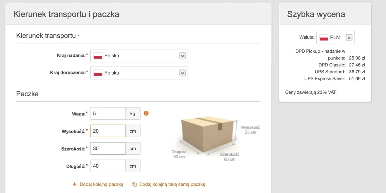 Nietypowy kształt paczki może wpłynąć na koszty wysyłki. Formularz pozwala na wpisanie wymiarów: 5kg, 20x30x40cm.