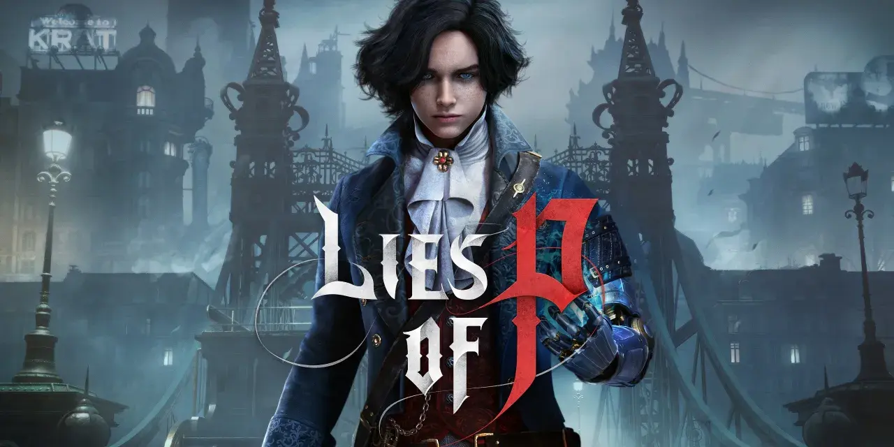 Joven con cabello oscuro y ojos azules, con un brazo mecánico, en la ciudad de Krat. El título "Lies of P" se superpone.