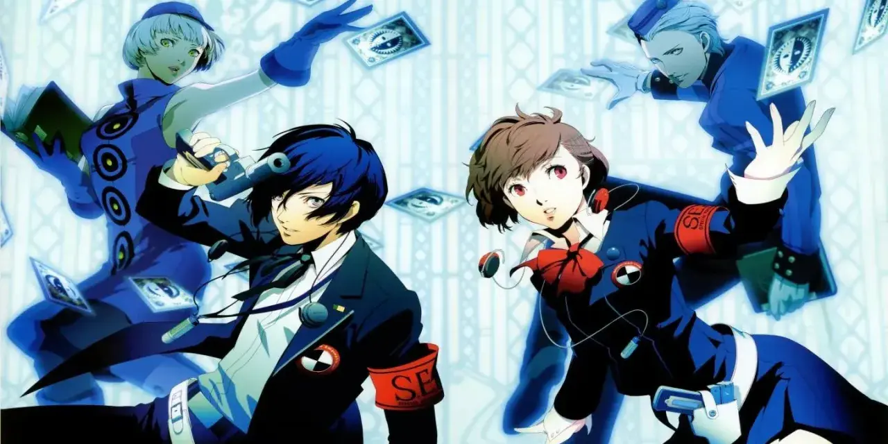 Personajes de Persona 3 Portable, con cartas flotando. ¿Cuáles serán sus respuestas?