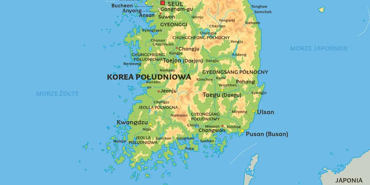 Mapa pokazuje, gdzie leży Korea Południowa, między Morzem Żółtym a Japońskim, na południe od Korei Północnej.