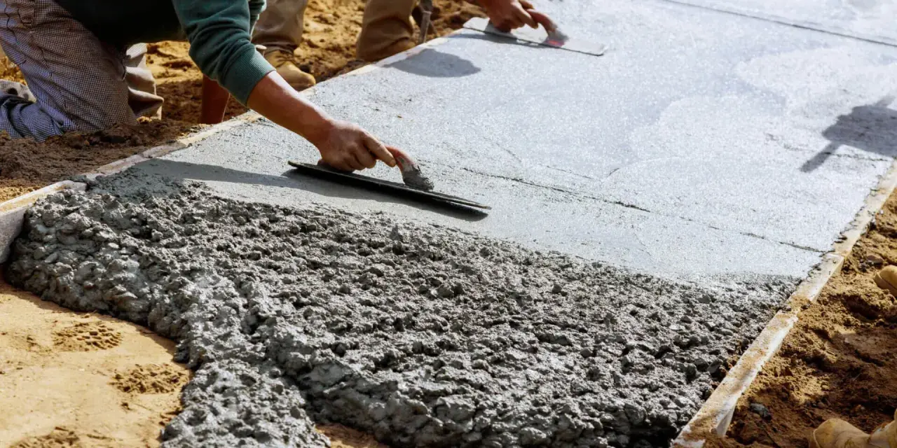 Pracownicy wygładzają świeży beton na budowie za pomocą kielni.