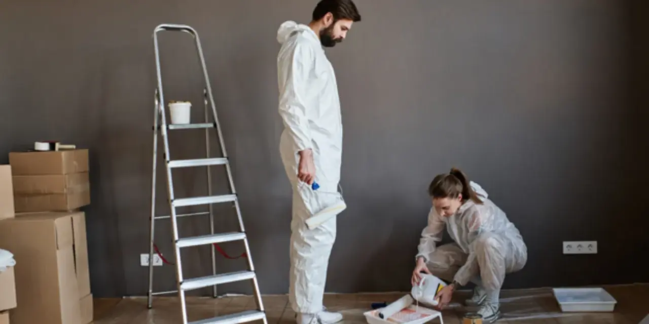 Pareja preparando los pasos para pintar una pared. Él sostiene un rodillo, ella vierte pintura. Escalera y cajas al fondo.