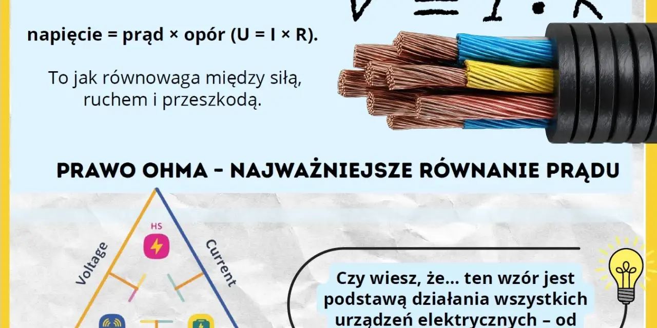 Prawo Ohma: napięcie = prąd × opór (U=I×R). Schemat z napięciem, prądem i oporem elektrycznym. Kable miedziane.
