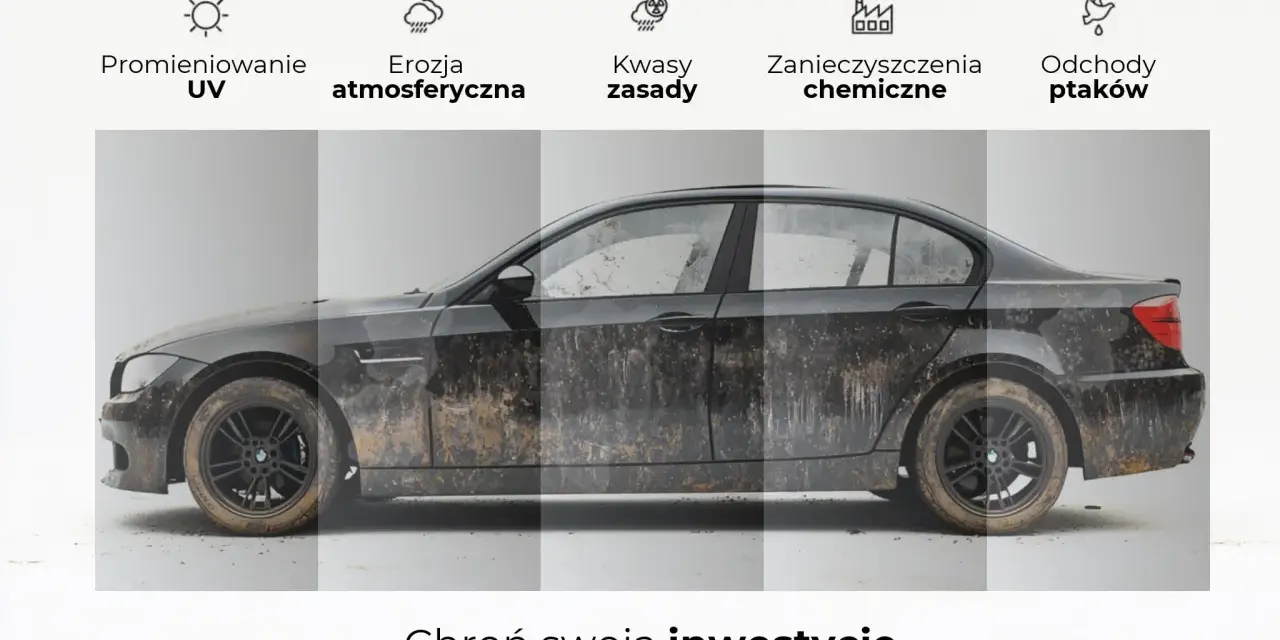 Czarny samochód pokryty błotem, z ikonami symbolizującymi promieniowanie UV, erozję, kwasy, zanieczyszczenia i ptasie odchody. Powłoka ceramiczna chroni przed tymi wadami.