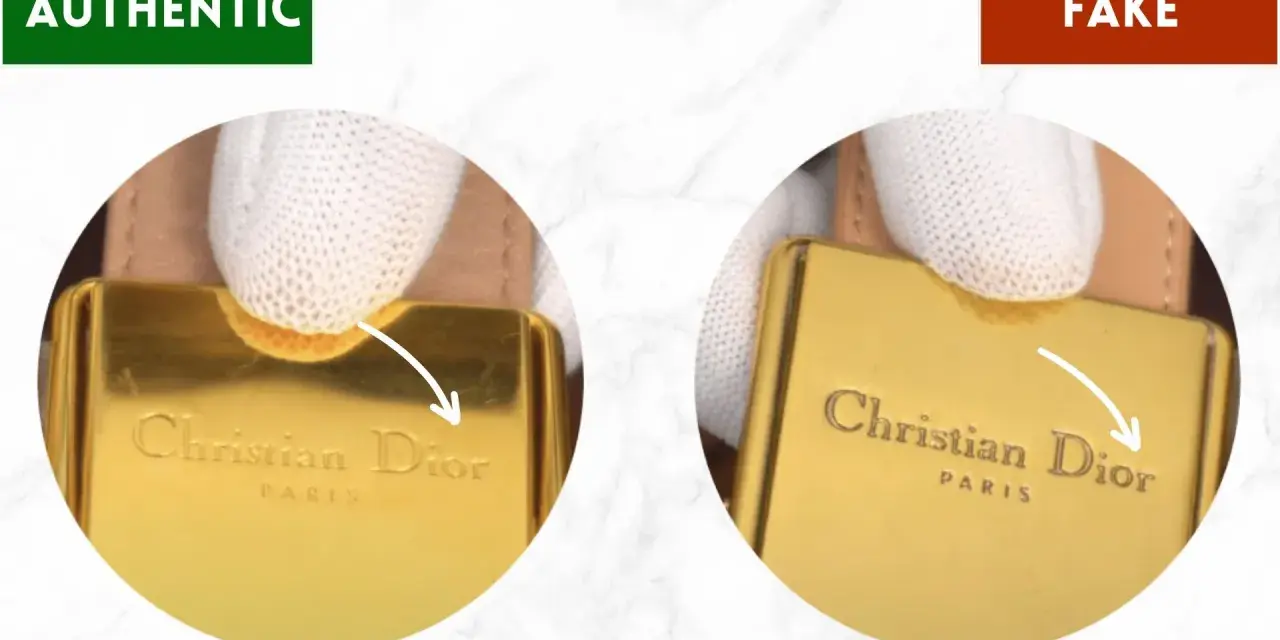 Confronto tra un dettaglio autentico e uno falso di un accessorio firmato Dior azienda. Si notano differenze nella finitura e nella precisione del logo.