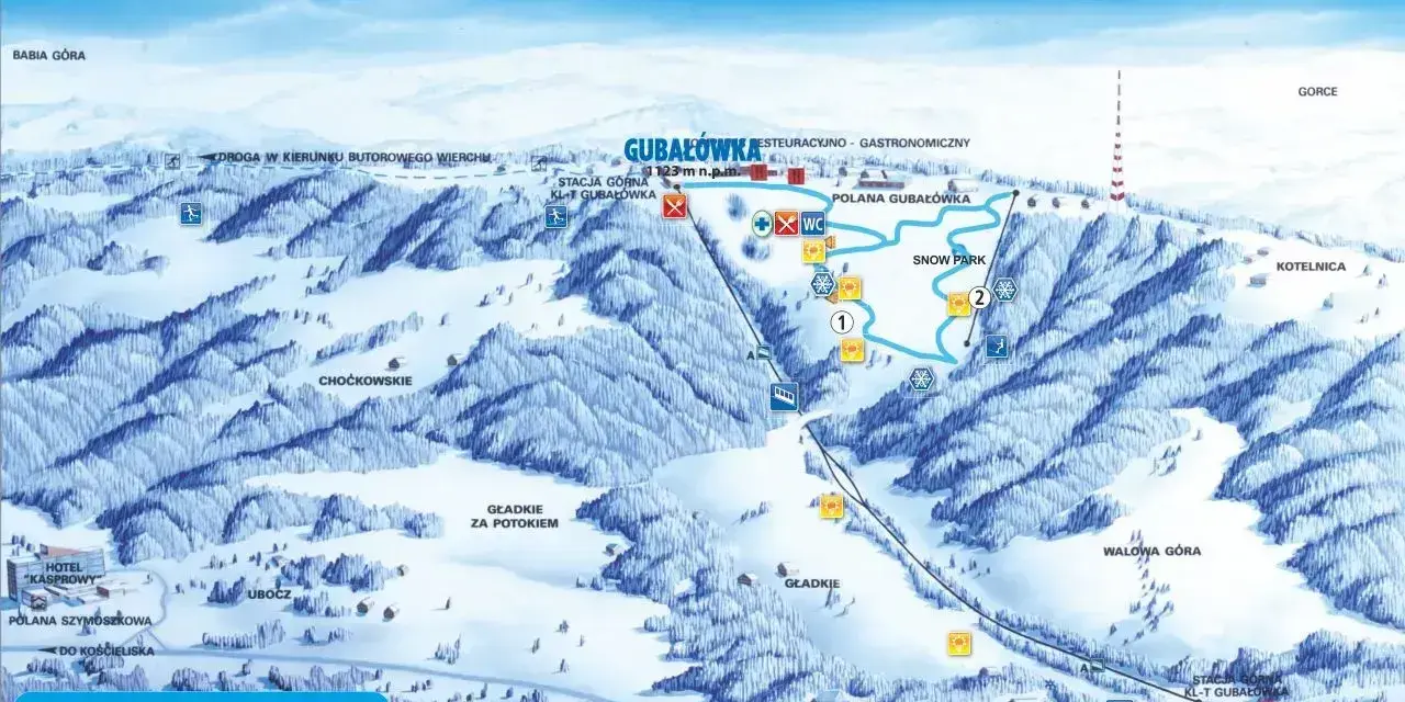 Mapa ośrodka narciarskiego Gubałówka. Widok z lotu ptaka na stoki, trasy zjazdowe, wyciągi i infrastrukturę.