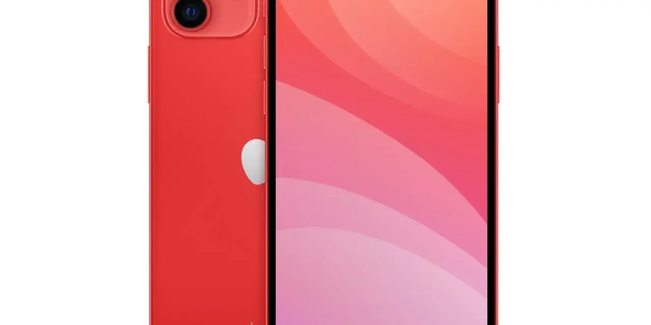 En röd iPhone 12 mini med en färgstark bakgrund på skärmen.