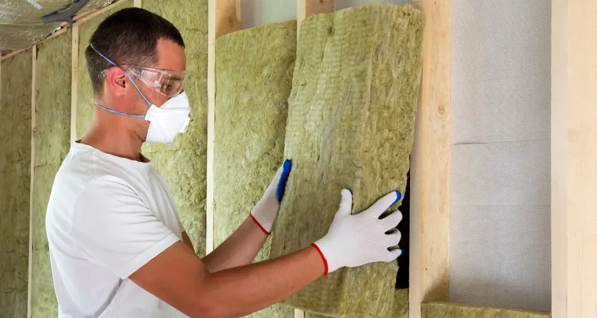 Operaio con mascherina e occhiali installa pannelli isolanti, mostrando il **coibentazione significato** per un ambiente efficiente.