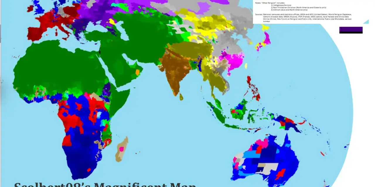 Mapa świata Scolberta08 przedstawia rozmieszczenie religii świata. Kolory oznaczają różne wyznania, od chrześcijaństwa po islam i buddyzm.