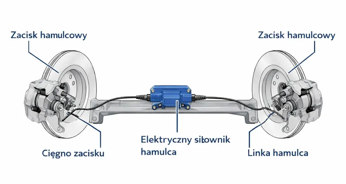 Schemat elektrycznego hamulca postojowego: zaciski hamulcowe, cięgno, linka i elektryczny siłownik.