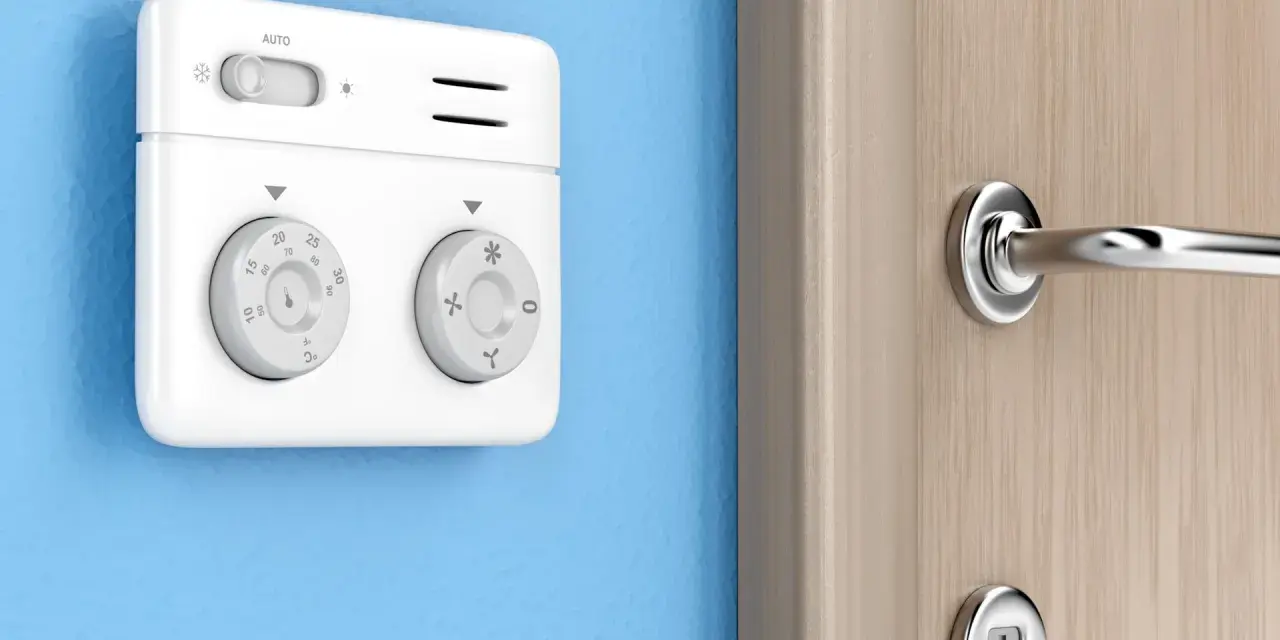 Termostato bianco su muro blu, parte di sistemi termoregolazione evoluti per un comfort ottimale. Manopole per impostare la temperatura.