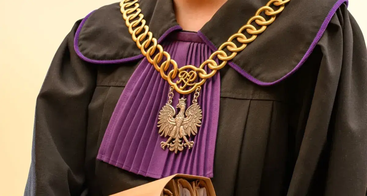 Sądowy strój z łańcuchem i orłem. Może symbolizować sprawiedliwość w sprawach o zachowek po rodzicach.