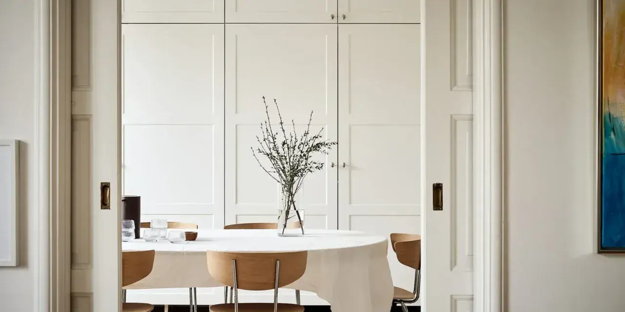Comedor con mesa cubierta de mantel blanco, sillas de madera y un gran armario empotrado. El estilo ncs blanco aporta luminosidad.