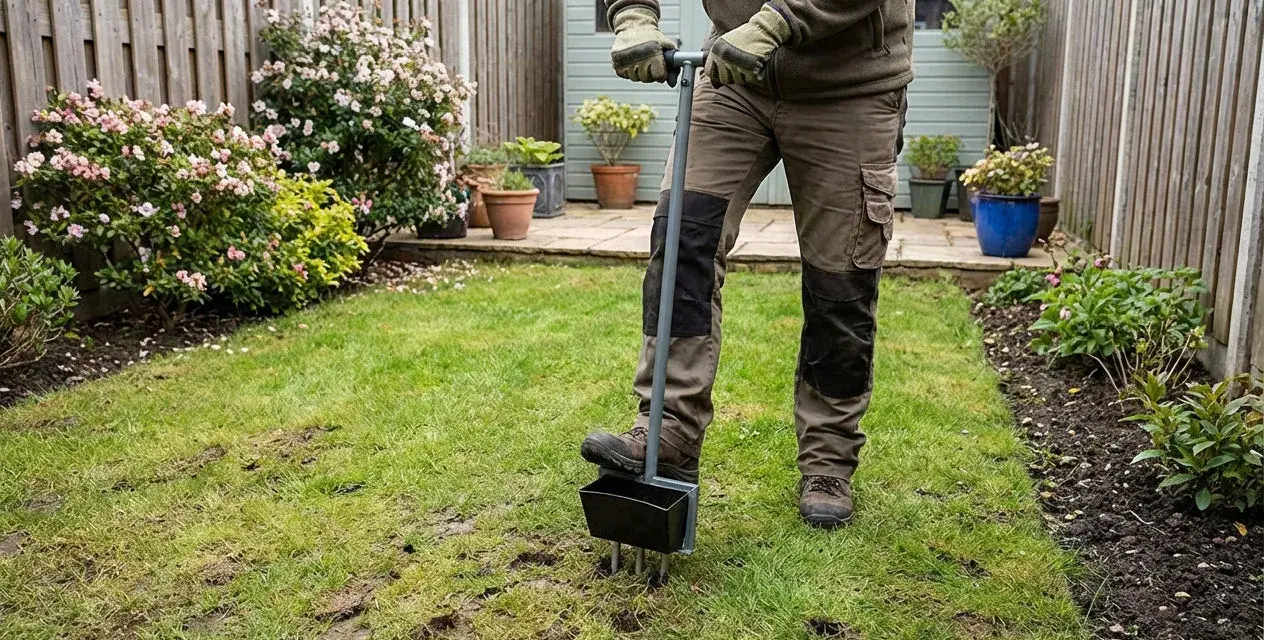 Gartenarbeit: Mit einem Werkzeug wird der Rasen aufgelockert, um ihn für besseres Wachstum vorzubereiten.