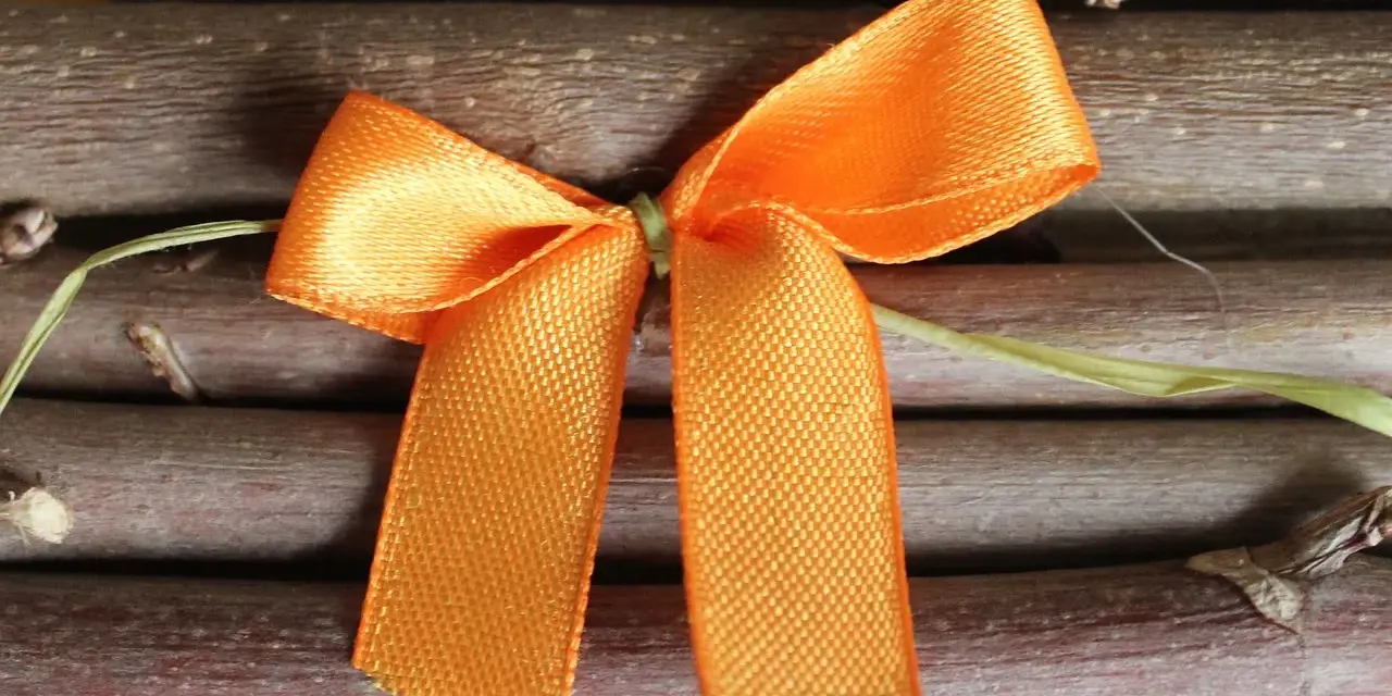 Pomarańczowa kokarda z materiału, jak zrobić ją krok po kroku, ozdabia tło z gałązek.