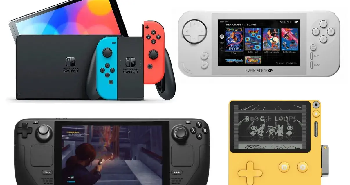 Comparativa de las mejores consolas portátiles: Nintendo Switch, Steam Deck, Evercade EXP y una retro amarilla.