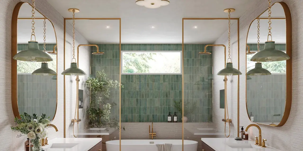 Elegant bathroom with dual vanities, a freestanding tub, and green tiled showers. Learn how to hang a bathroom mirror in this stylish space.