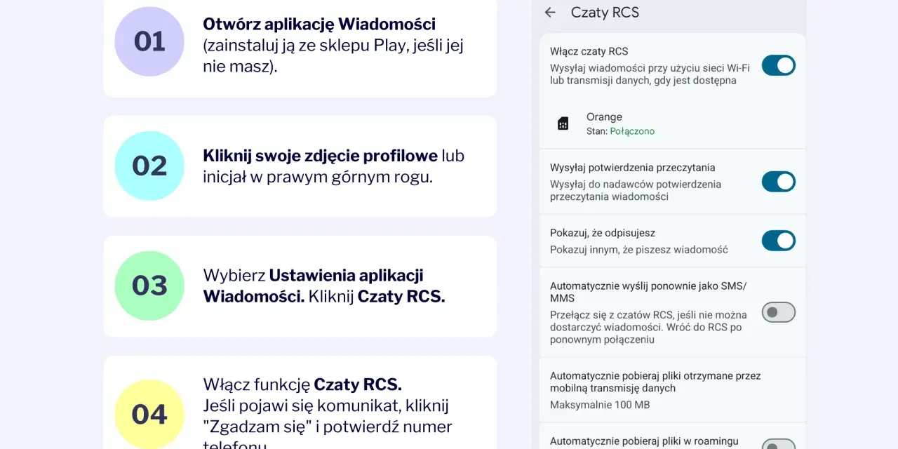 Instrukcja włączania czatów RCS na Androidzie: otwórz Wiadomości, kliknij profil, wybierz Ustawienia > Czaty RCS. Potwierdź numer telefonu.