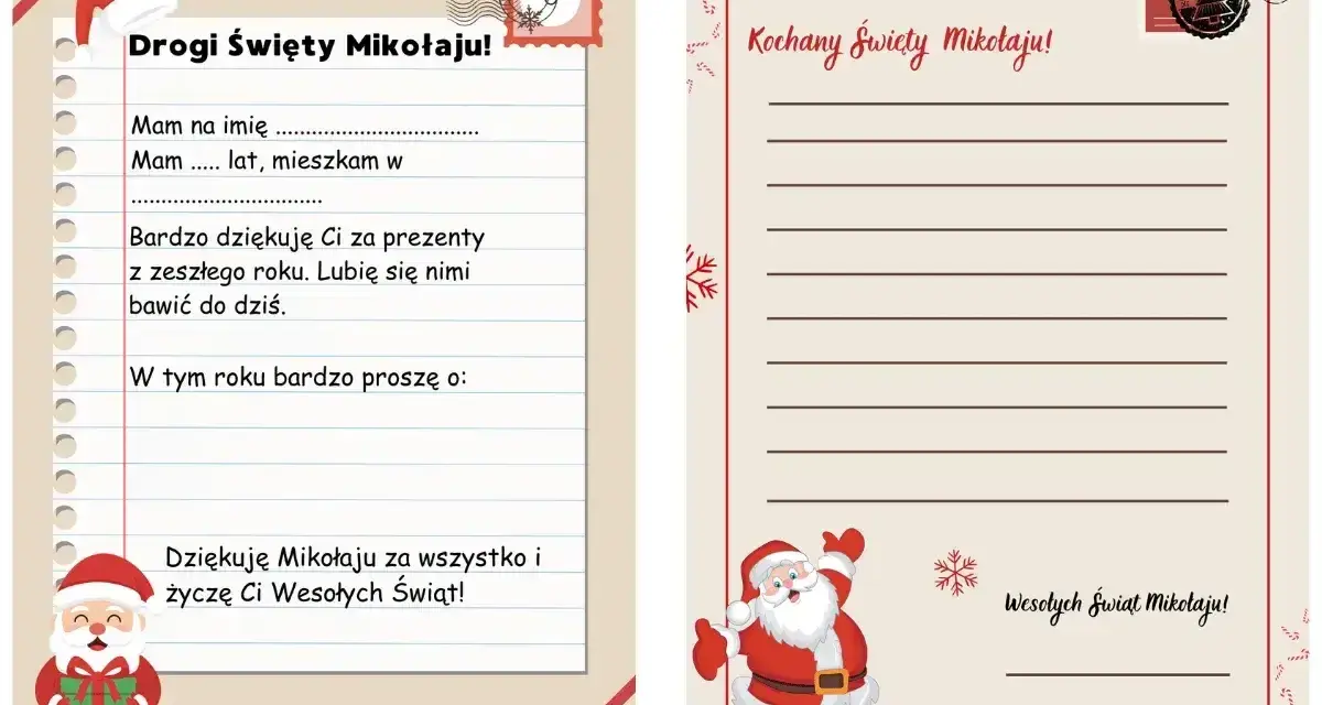 Wzmacniający list do dziecka z miejscem na wpisanie imienia, wieku i życzeń dla Świętego Mikołaja.