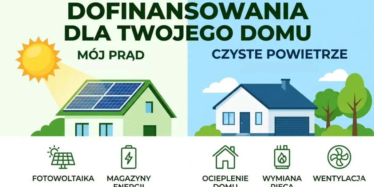Dofinansowanie domu: mój prąd z fotowoltaiki i czyste powietrze dzięki ociepleniu i wentylacji.