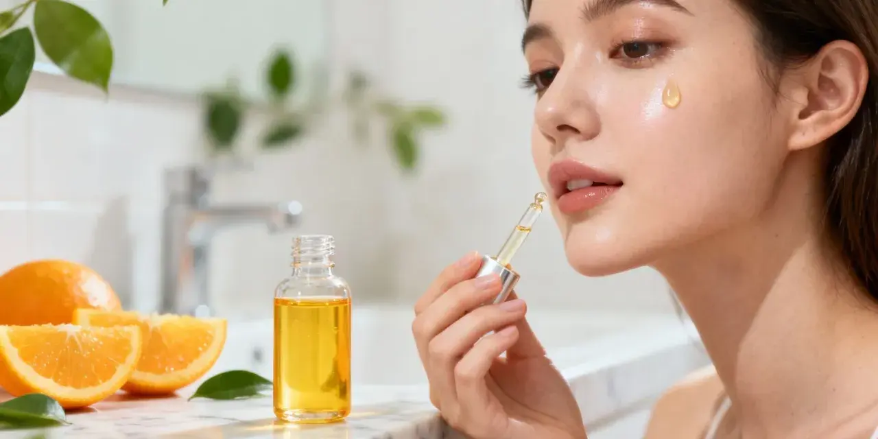 Une goutte d'huile à la vitamine C sur la joue d'une femme, à côté d'une bouteille et d'oranges.
