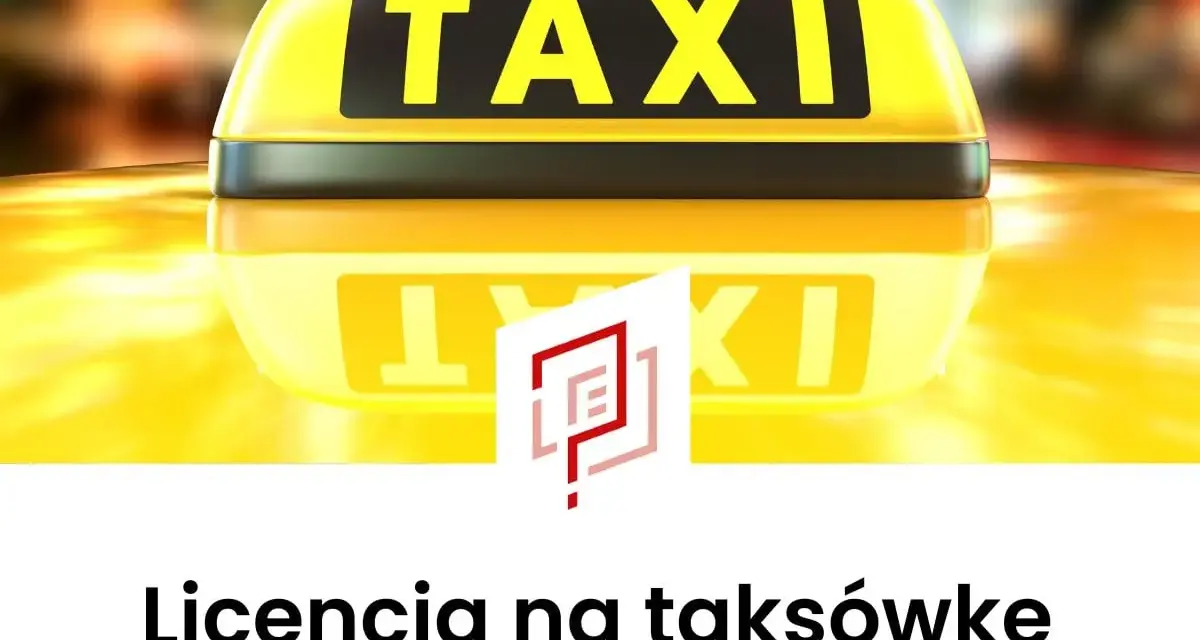 Żółty dach taksówki z napisem TAXI. Poniżej tekst "Licencja na taksówkę" i logo.