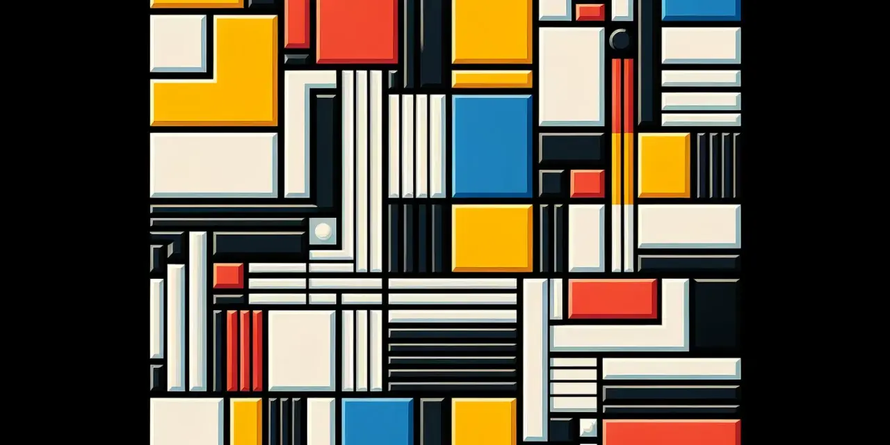 Composition abstraite de style De Stijl, avec des rectangles et carrés aux couleurs primaires, blanc et noir, créant un jeu d'ombres et de lumières.