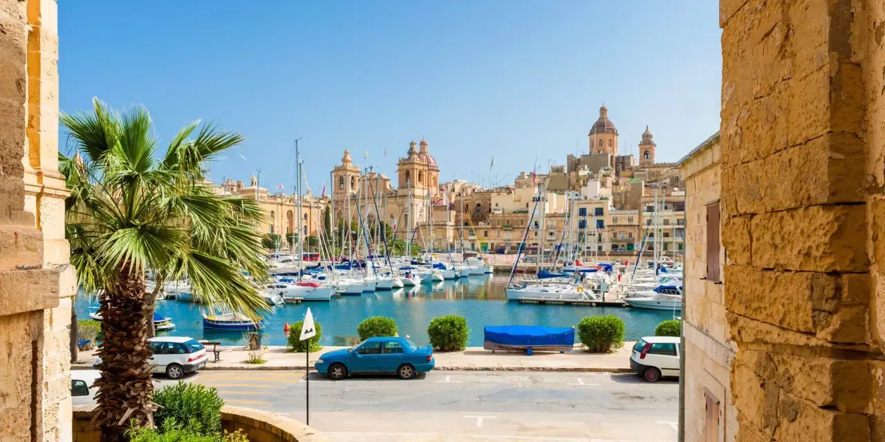 Vue d'un port de plaisance animé à La Valette, Malte, avec des voiliers, des bâtiments historiques et une palme. Parfait pour un séjour à Malte La Valette.
