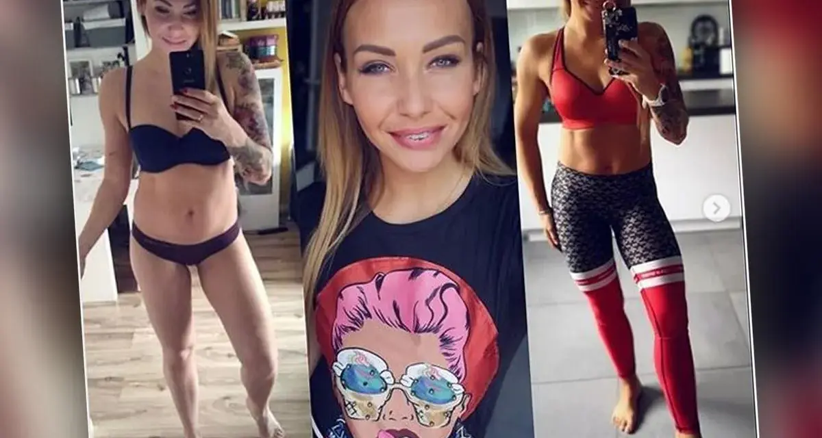 Sylwetka kobiety po okresie **fastingu**. Widać jej ciało w bieliźnie i stroju sportowym, z tatuażami.