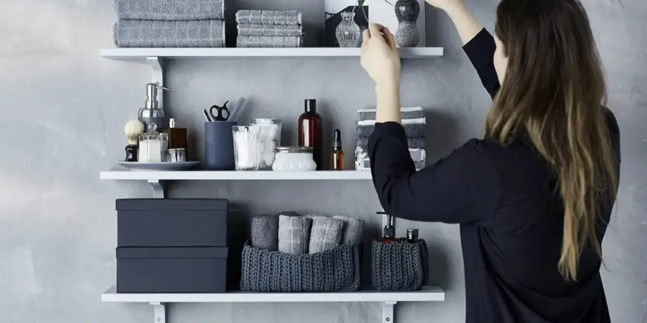 Idee mensole ingresso: organizzazione bagno con asciugamani grigi, scatole e cestini in maglia.