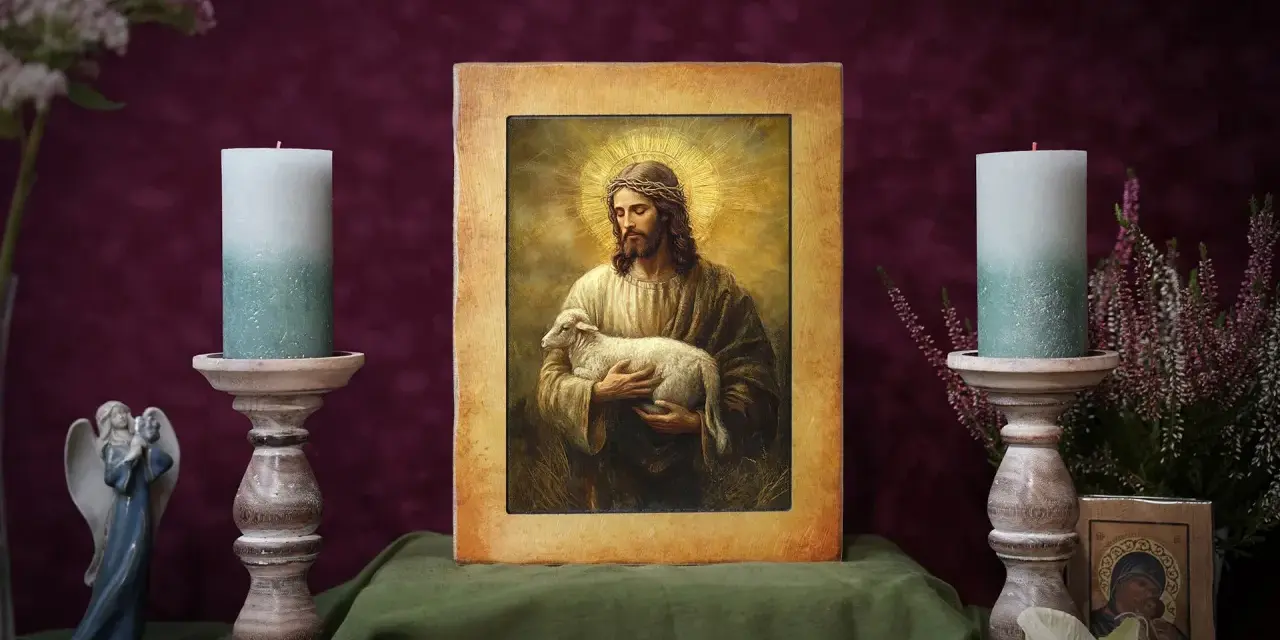 Obraz Jezusa z barankiem, symbol złota, otoczony świecami i kwiatami, tworzy atmosferę spokoju i wiary.