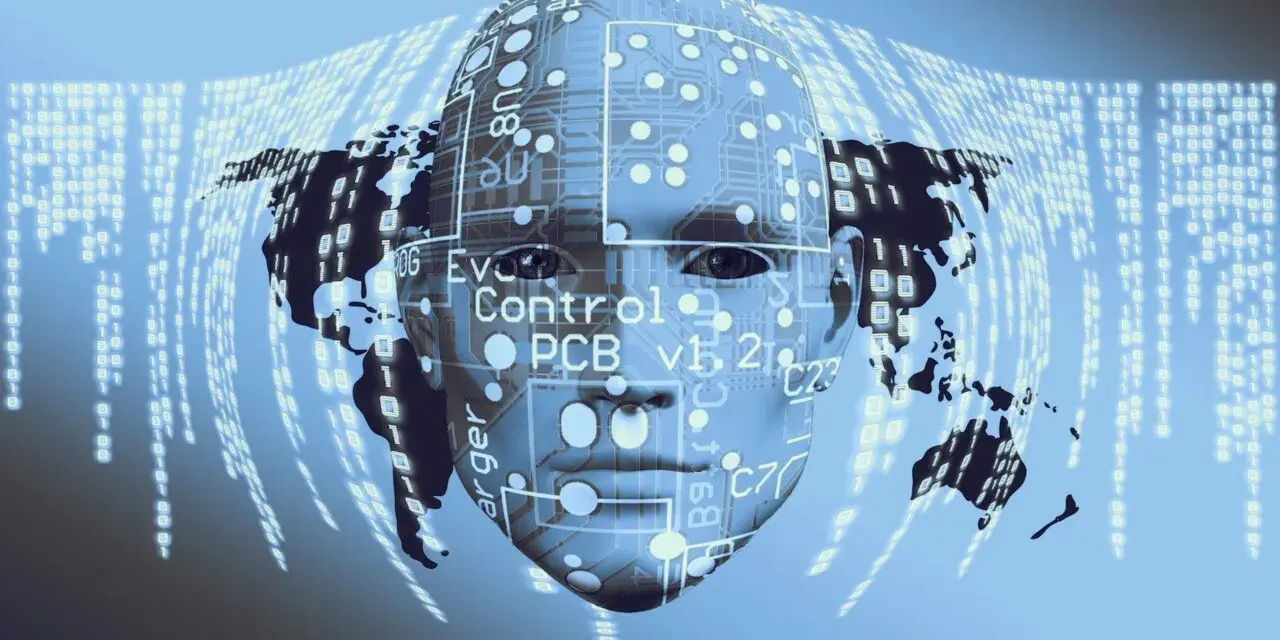Rostro humano digital con mapa mundial y código binario. Explora qué es la IA y cómo funciona.