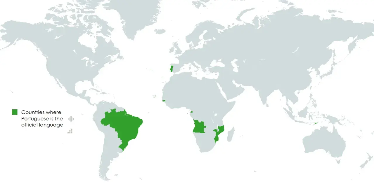 Mapa świata z zaznaczonymi krajami, gdzie językiem urzędowym jest portugalski. Widać Brazylię, Portugalię, Angolę, Mozambik i inne.