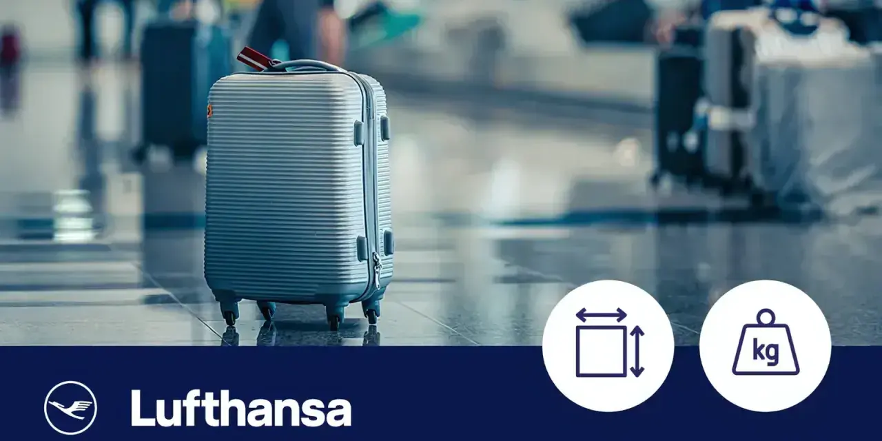 Srebrna walizka na kółkach, idealna jako lufthansa bagaż podręczny. W tle lotniskowy gwar, obok ikony wymiarów i wagi.