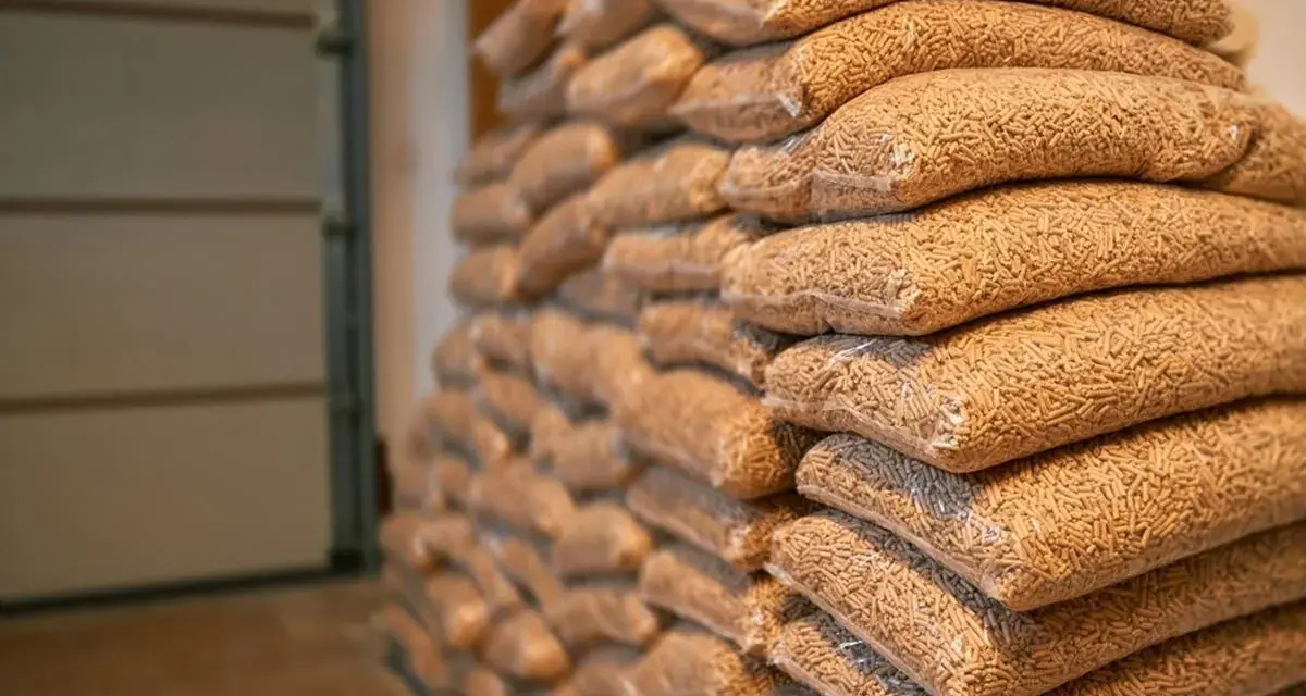 Impilati in un magazzino, tanti sacchi di pellet, circa 70 per bancale, pronti per riscaldare l'inverno.