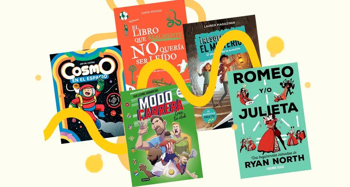 Libros con diversos temas: un astronauta en el espacio, un misterio en una mansión, fútbol, y una versión interactiva de Romeo y Julieta.