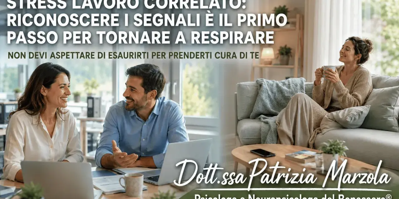 Coppia sorridente in ufficio e donna rilassata a casa, per riconoscere i sintomi stress da lavoro e prendersi cura di sé.