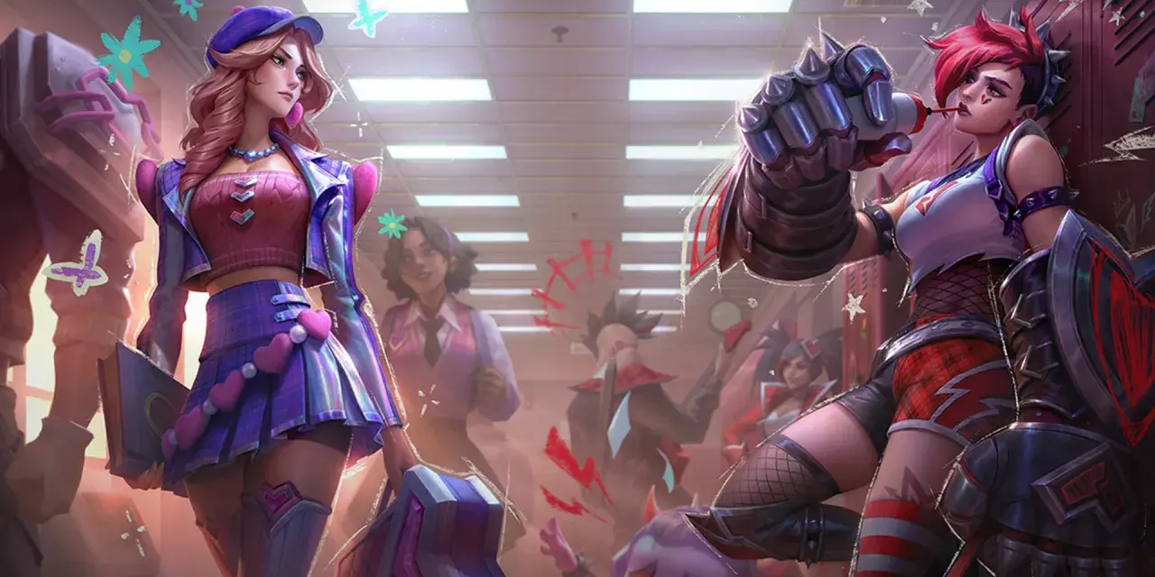Postacie z League of Legends w szkolnych strojach, w tle korytarz szkolny.