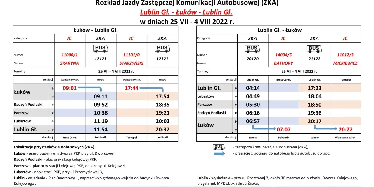 Fragment rozkładu jazdy PKP Intercity z trasą Łuków - Lublin GŁ. i Lublin GŁ. - Łuków.