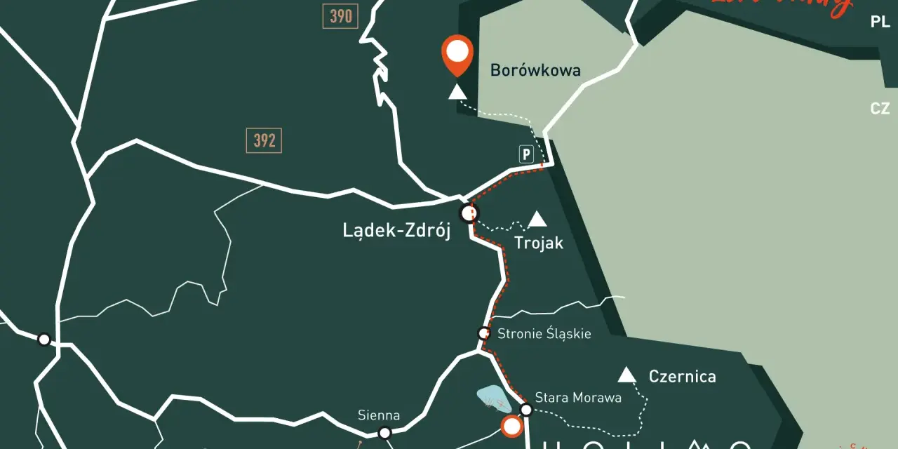 Mapa szlaku #projekt zero nudy. Punkt docelowy to Borówkowa góra, z zaznaczonymi miejscowościami Kłodzko, Lądek-Zdrój i Czarna Góra.