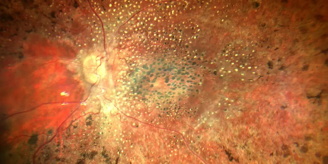 Retina con pigmentazione irregolare e vasi sanguigni, indicativa di amaurosi congenita di Leber. Ricerca di nuove cure in corso.