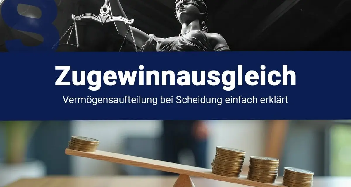 Waage der Gerechtigkeit und Münzstapel auf einer Wippe symbolisieren den **stichtag zugewinnausgleich** bei Scheidungen.