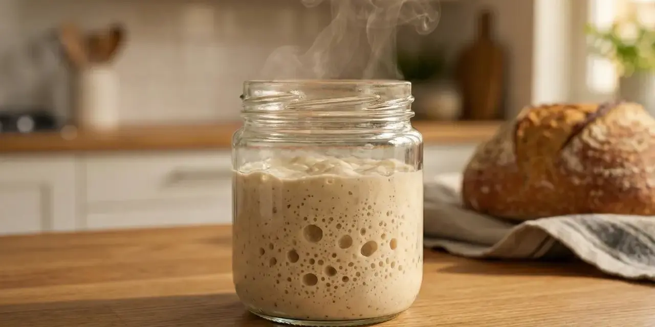 Blubbernder Sauerteig im Glas, der nach Essig riecht, dampft leicht. Daneben liegt ein frisch gebackenes Brot.